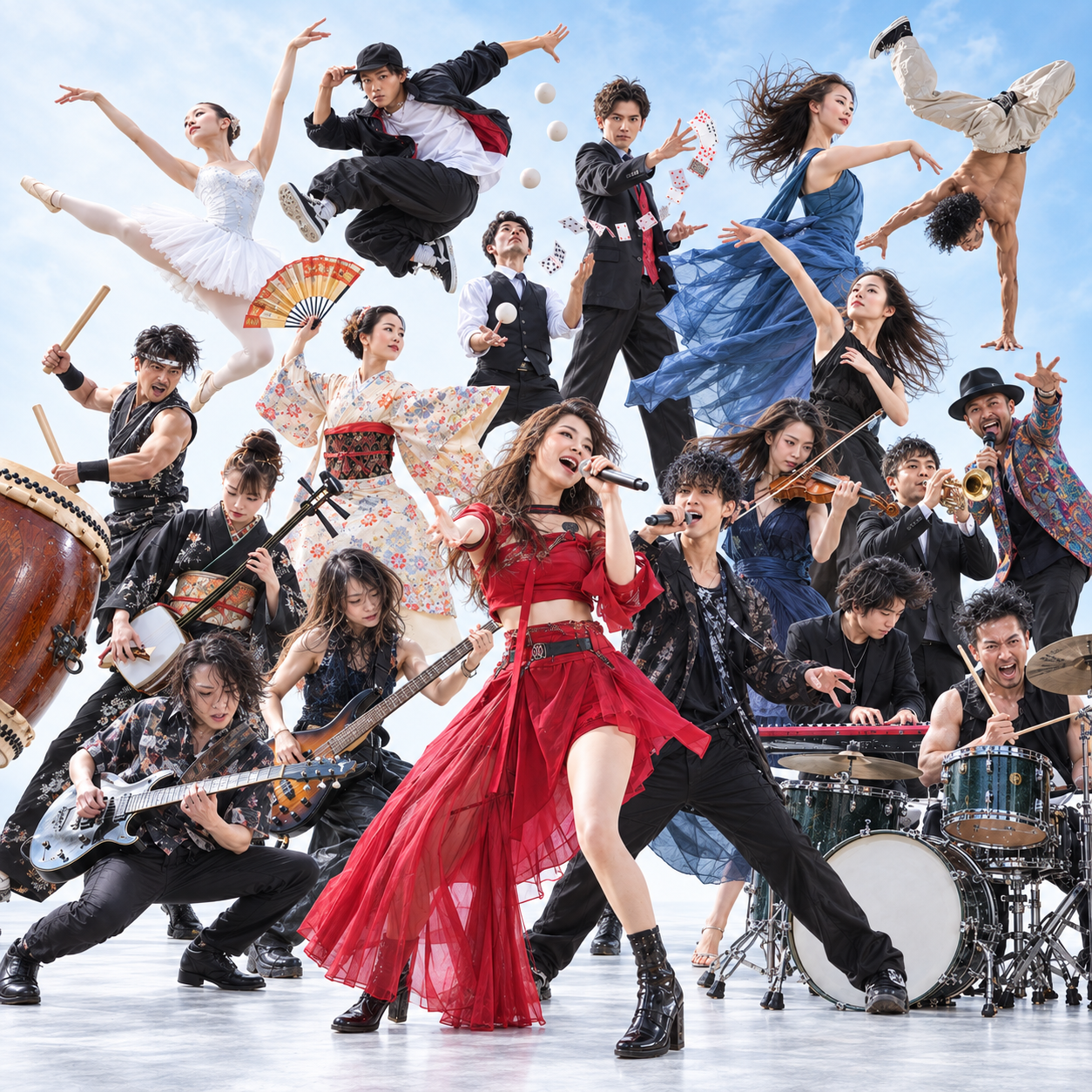 歌・ダンス・和太鼓・楽器演奏など、多彩なパフォーマーの生成イメージ